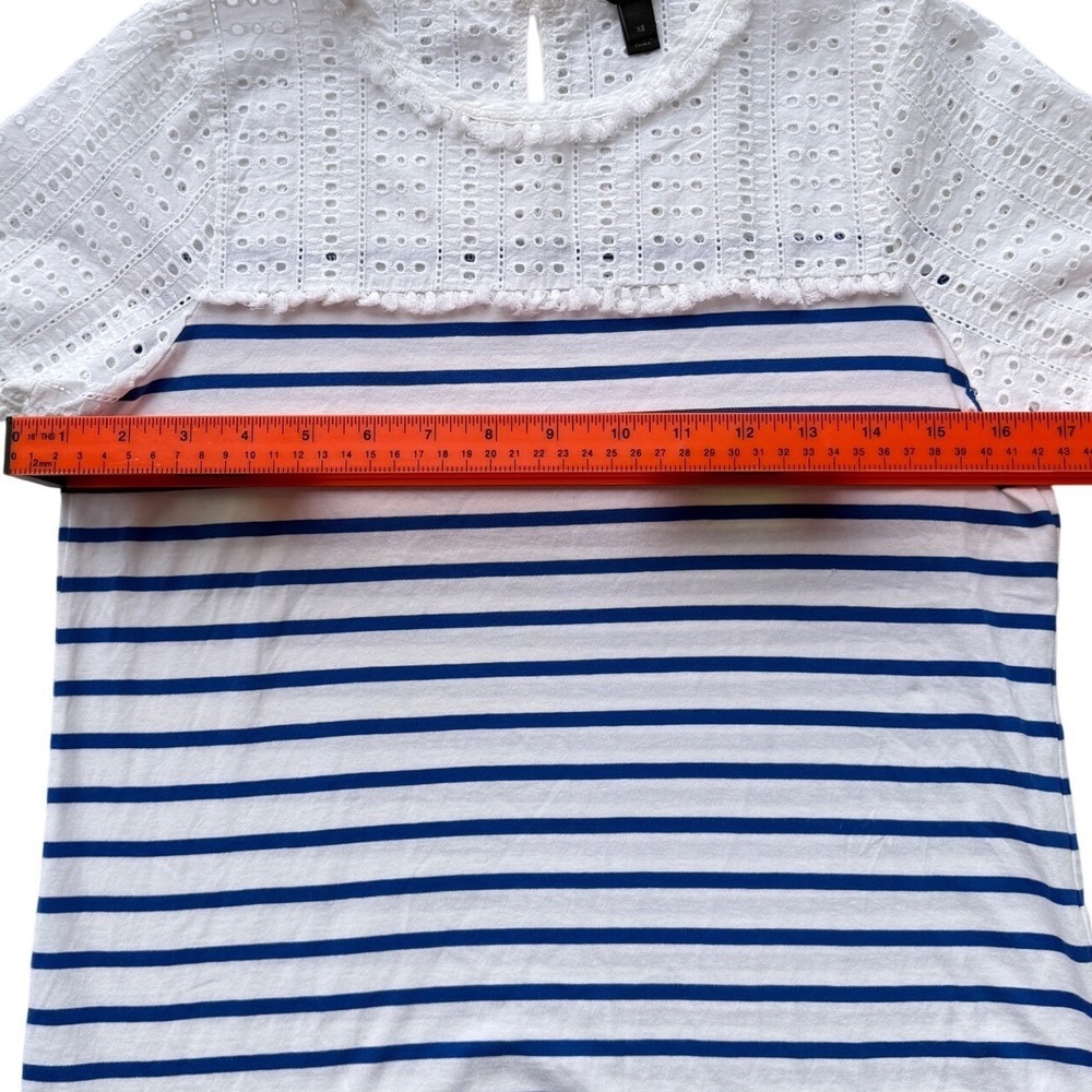 J.Crew Womens XS Mixed Media Eyelet Lace Striped Short Sleeve Top Blue White - Picture 4 of 10